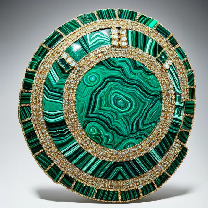 Prompt: photograph of a real-life malachite shield with jewels. Extremely detailed. 8k
