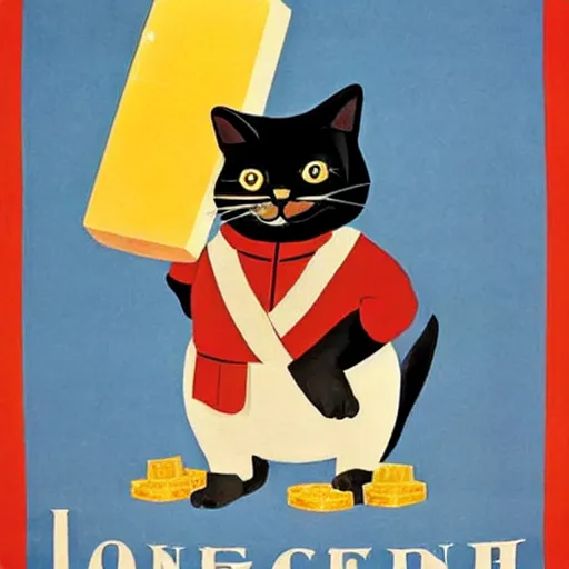 Prompt: a propaganda poster depicting a cat dressed as French emperor Napoleon holding a piece of cheese