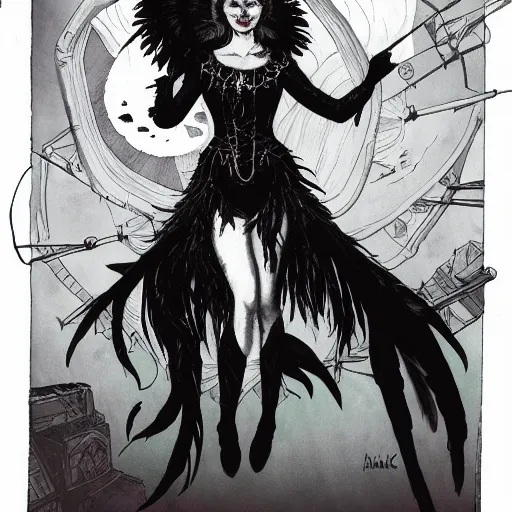 Image similar to Anna Pavlova as dark angel feathered gothic atompunk evil Disney villain queen with black feather hair, feathers growing out of skin, in front of space station window, Mike mignola, david mack, highly detailed, trending on artstation, comic book cover, illustration