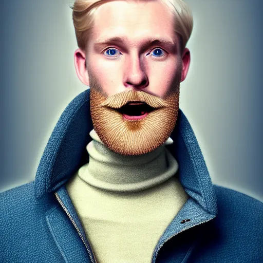 Image similar to A british man, with short blond hair and a very short blond beard wearing a corduroy jacket and turtleneck , blue eyes, pale skin, English heritage, digital art, cartoon, mid-shot, 8k