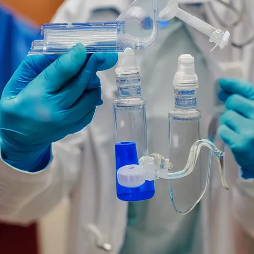 Image similar to doctors playing music with medical supplies, made out of clear tubing, syringes, urine collection bag, iv pole, fluid bag, nebulizer equipment, bag - valve mask, intubation equipment, speculum, defibrillator, flexiseal.