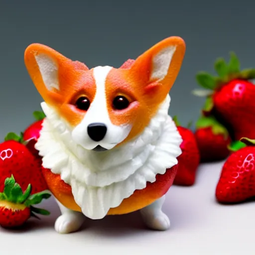 Image similar to corgi made of strawberry, in strawberry jam : ornate, dynamic, particulate, intricate, elegant, highly detailed, centered, artstation, smooth, sharp focus, octane render