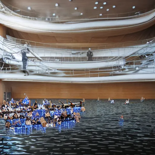 Prompt: The flooded concert hall is floating with various musical instruments by reg rutkowski and Hans Frederick Gude