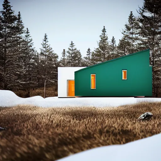 Image similar to wes anderson style modern futuristic house near the lake, snowy mountains and green forest, cinematic, realism, photo, detailed