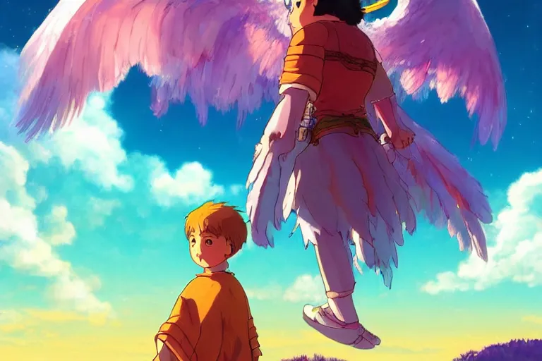 Image similar to a halfling with golden wings. 4 k digital paint by studio ghibli hayao miyazaki. vivid colours, vaporwave lighting style, intricate, very sharp and detailed. trending on artstation and behance.