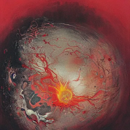 Image similar to a sphere being devoured by abstract splatters of paint in the style of francis bacon, venus being engulfed in flames in the style of james jean, surreal, beksinski, high detailed