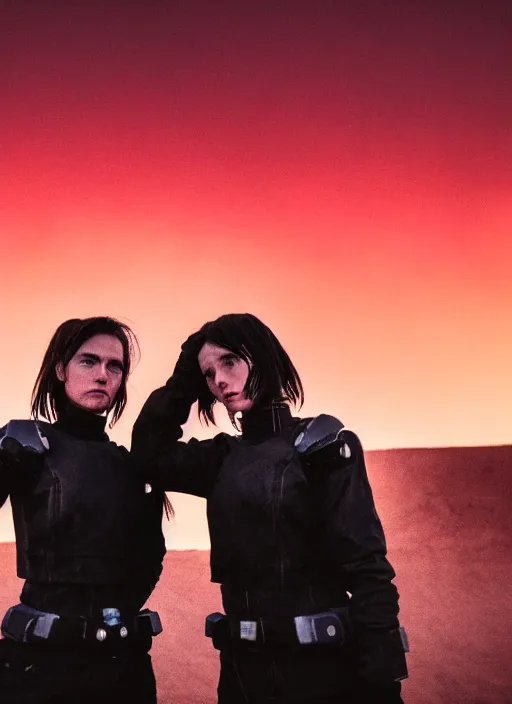 Image similar to cinestill 5 0 d photographic portrait of two loving female androids wearing rugged black techwear on a desolate plain with a brutalist monument and a red sky, extreme closeup, cyberpunk style, dust storm, 8 k, hd, high resolution, 3 5 mm, f / 3 2, ultra realistic faces, ex machina