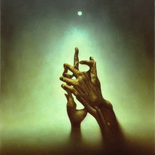 Prompt: man's hand and arm reaching out of thick fog, psychedelic, zdzislaw beksinski