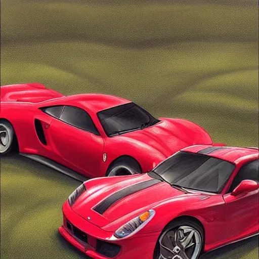 Image similar to fast sportscar reminiscent of ferrari and porsche in a lush field, shiny, red, beautiful lighting, photorealistic, sharp, sunset, by artgerm