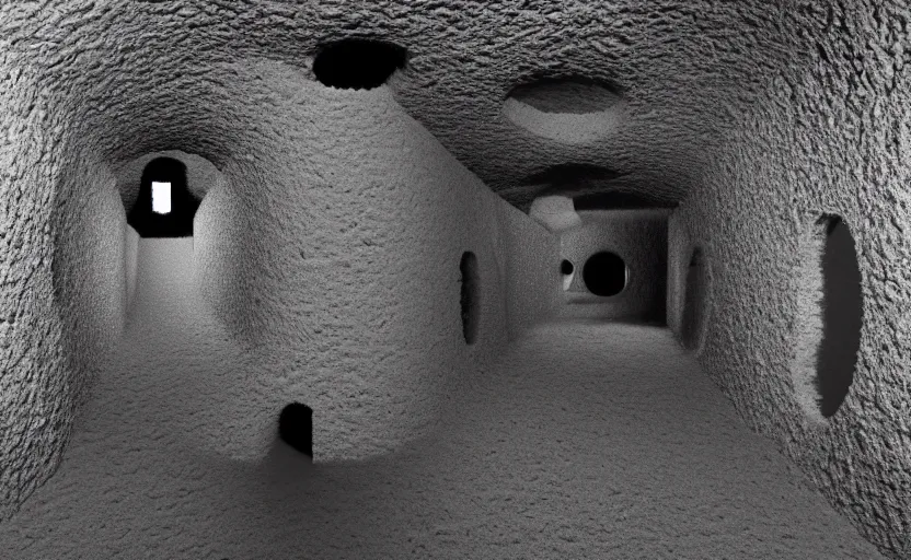 Image similar to hyper liminal photo, sponge with many tunnels inside each hole, tunnels lead to different worlds, surreal, ominous creature hiding detailed, high definition, mysterious, low quality photo, surrealist depiction of a normal sponge, trending