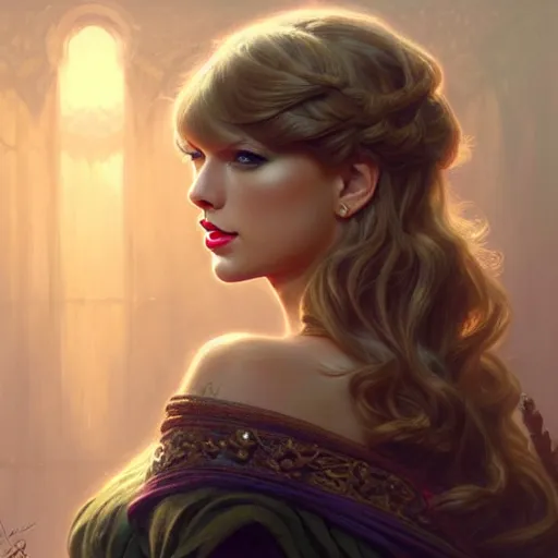 Image similar to Taylor Swift closeup, D&D style, fantasy, intricate, elegant, highly detailed, digital painting, artstation, concept art, matte, sharp focus, illustration, art by Artgerm and Greg Rutkowski and Alphonse Mucha