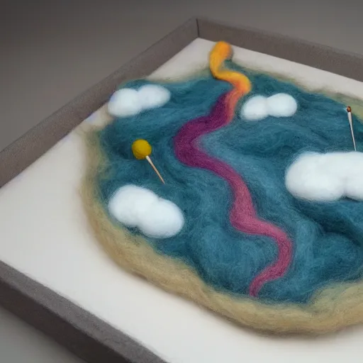Prompt: a large, complex needle felting of on oncoming thunderstorm