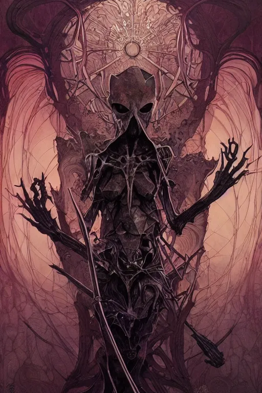 Prompt: artgerm, joshua middleton, mucha, beksinski, moebius, heavy metal comic cover art, psychedelic triangular skeletal calcification fungus lich in darkiron spike armor, full body, hollow eyes, symmetrical face, long black crown, in a dungeon background, moody dark colors