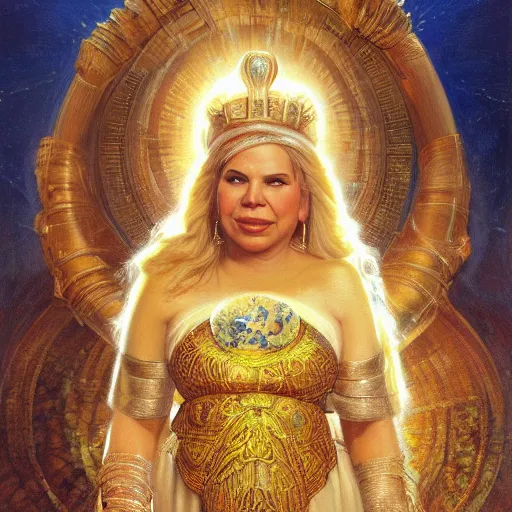 Prompt: portrait of sara netanyahu as a goddess of fertility, by tim hildebrandt and greg rutkowski and franz stuck, sara netanyahu face