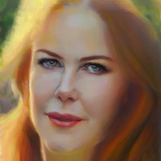 Prompt: closeup portrait of nicole kidman in the garden, morning, highly detailed, ultrarealistic oil painting, vladimir volegov, artstation