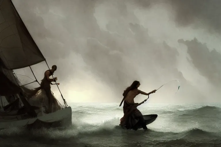 Image similar to ancient historically accurate depiction of Bible Character walking on water during a storm, a small fishing sailboat with scared sailors on board, dramatic lighting by frank miller, illustration by Ruan Jia and Mandy Jurgens and William-Adolphe Bouguereau, Artgerm, 4k, digital art, surreal, space dandy style, highly detailed, godsend, artstation, digital painting, concept art, smooth, sharp focus, illustration by Ruan Jia and Mandy Jurgens and William-Adolphe Bouguereau, Artgerm