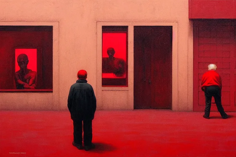 Image similar to only with red, a red old man try to sell a portrait, a crowd cheering, in a city square, in the style of beksinski, parts by edward hopper, parts by rodcenko, parts by yue minjun, intricate and epic composition, red by caravaggio, insanely quality, highly detailed, masterpiece, red light, artstation, 4 k