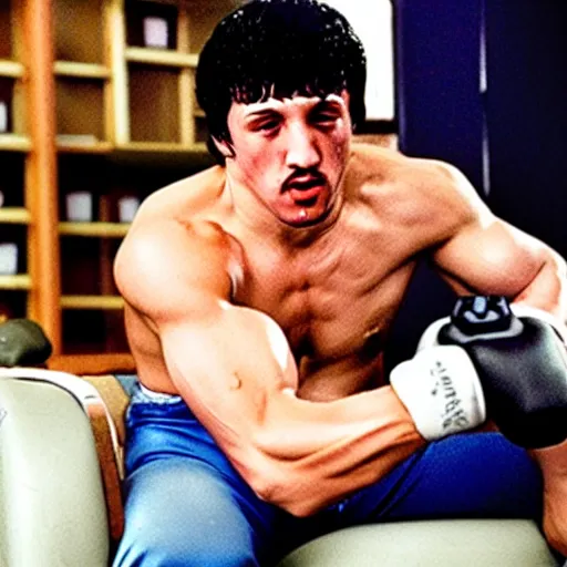 Image similar to rocky balboa holding a playstation!! controller!! video game console sitting in a chair