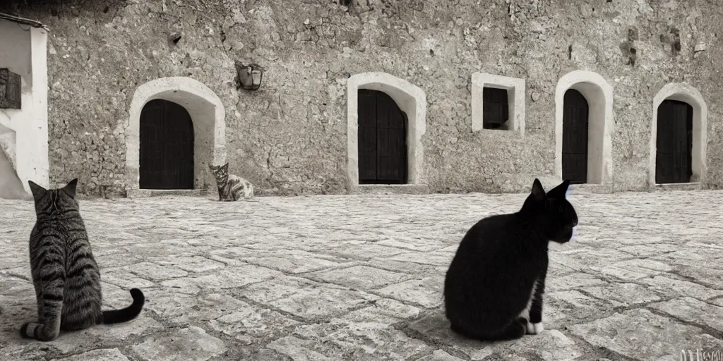 Image similar to photography of a cat with mortadela in his mouth at italian puglia with trulli houses in the background, photoreal, 3 5 mm, award winning photography