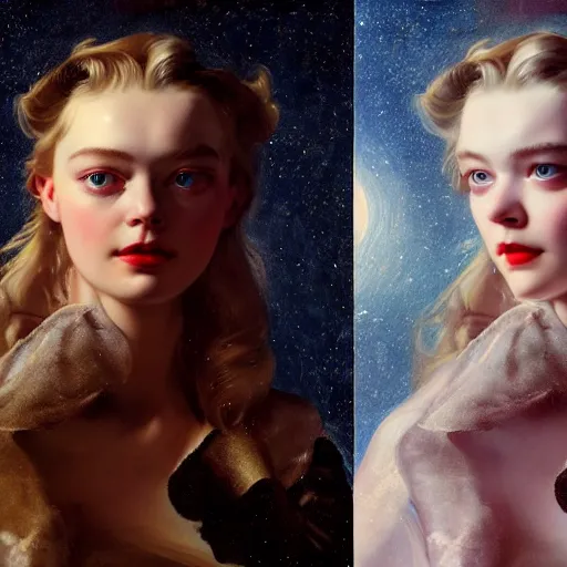 Image similar to leyendecker and peter paul rubens, head and shoulders portrait of a elle fanning, nighttime, starry sky reflection on water, unreal engine, fantasy art by global illumination, radiant light, detailed and intricate environment