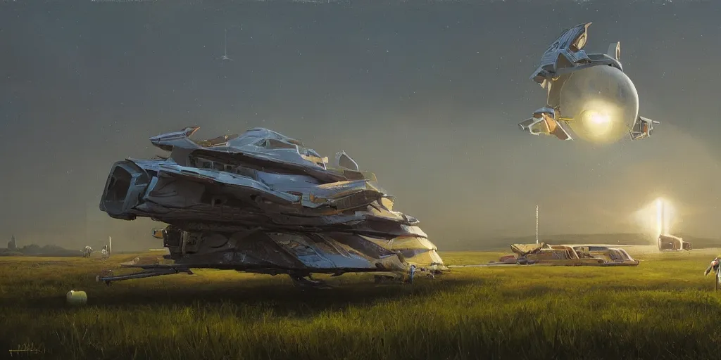 Prompt: a spaceship taking off from a field, by stalenhag, cinematic lighting, detailed oil painting, hyperrealistic, 8k