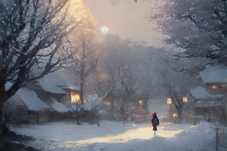 Prompt: a beautiful picture of village in winter, a girl in hanfu, by greg rutkowski and thomas kinkade, trending on artstation