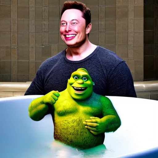 Image similar to shrek with elon musk in the bath photo - realistic