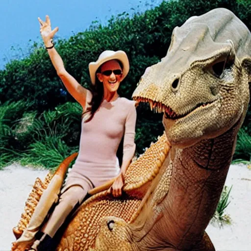 Prompt: celine dion riding a dinosaur at the beach