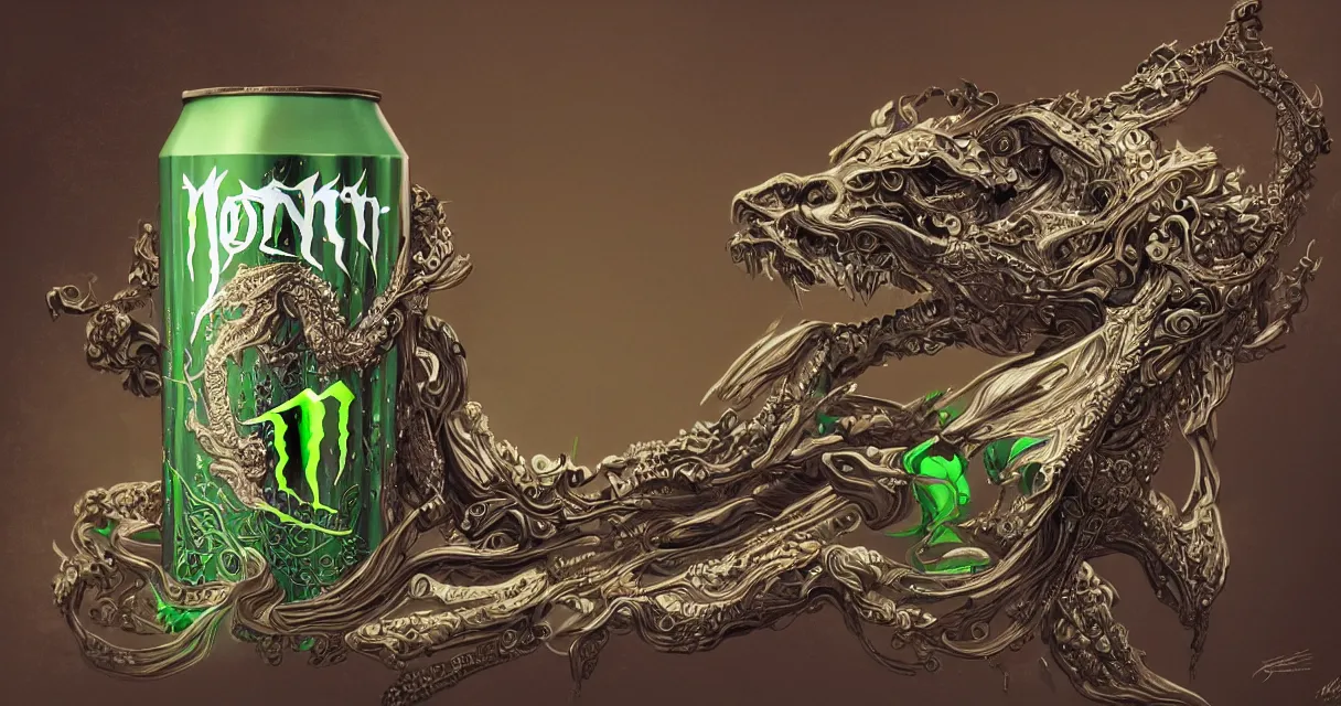 Image similar to aluminian can of monster energy drink, intricate and very very beautiful and elegant, highly detailed, digital painting, artstation, concept art, smooth and sharp focus, illustration