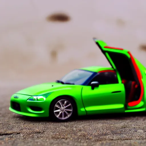 Image similar to a redhead woman driving a Jada toys mitsubishi eclipse green diecast car, high resolution macro photo, viewed through the cars window