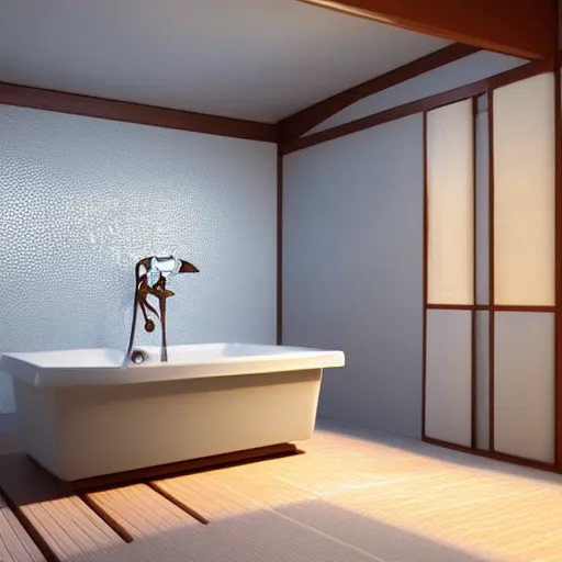 Prompt: still photo of a japanese bath room, highly detailed, photorealistic portrait, bright studio setting, studio lighting, crisp quality and light reflections, unreal engine 5 quality render