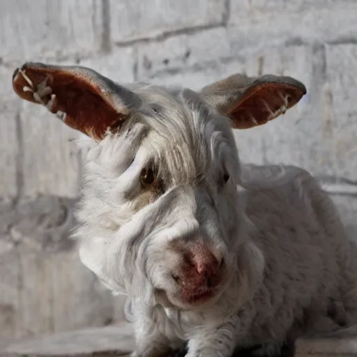 Image similar to lamb and goat fused as one, scientific photo, disfigured horror