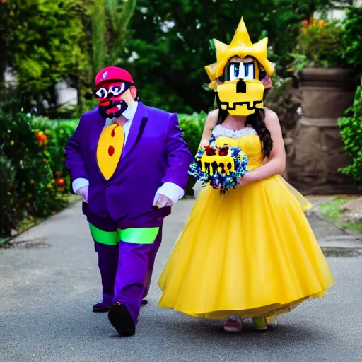 Image similar to Ultra HD photo of a Wario-themed wedding, bride and groom dressed as Wario and Waliuigi, all guests dressed up as Mario characters, award winning wedding photography, 8k resolution, extremely realistic