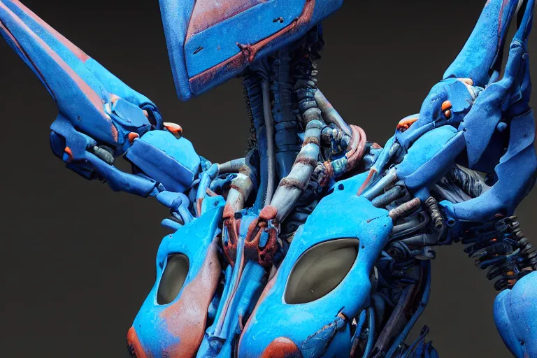 Prompt: portrait of a posed hyper detailed ultramarine burrower evangelion realistic mechanical and fleshy organic creature similar look as horizon forbidden west horizon zero dawn bioluminiscence in a dark deep forest at dawn in spring, with reflection and textures, by kilian eng, substance painter reaslitic mech surface metal painted scratches