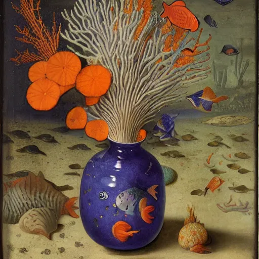 Image similar to bottle vase of coral under the sea decorated with a dense field of stylized scrolls that have opaque outlines enclosing mottled blue washes, with orange shells and purple fishes, Ambrosius Bosschaert the Elder, oil on canvas