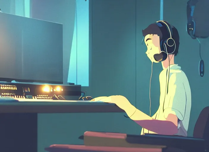 Image similar to man with headphones at his home studio producing music late at night, very detailed, 4 k, cory loftis, james gilleard, atey ghailan, makoto shinkai, goro fujita, studio ghibli, rim light, exquisite lighting, clear focus, very coherent