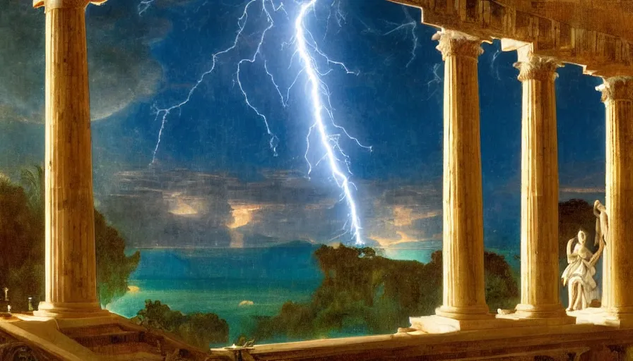 Image similar to From Inside the giant Palace, mediterranean balustrade and columns, refracted line and sparkles, thunderstorm, greek pool, beach and Tropical vegetation on the background major arcana sky and occult symbols, by paul delaroche, hyperrealistic 4k uhd, award-winning, very detailed paradise