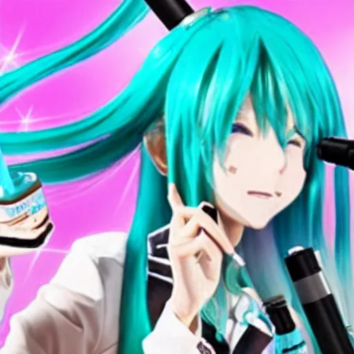 Prompt: hatsune miku getting high by smoking weed with a vape pen, smoke everywhere