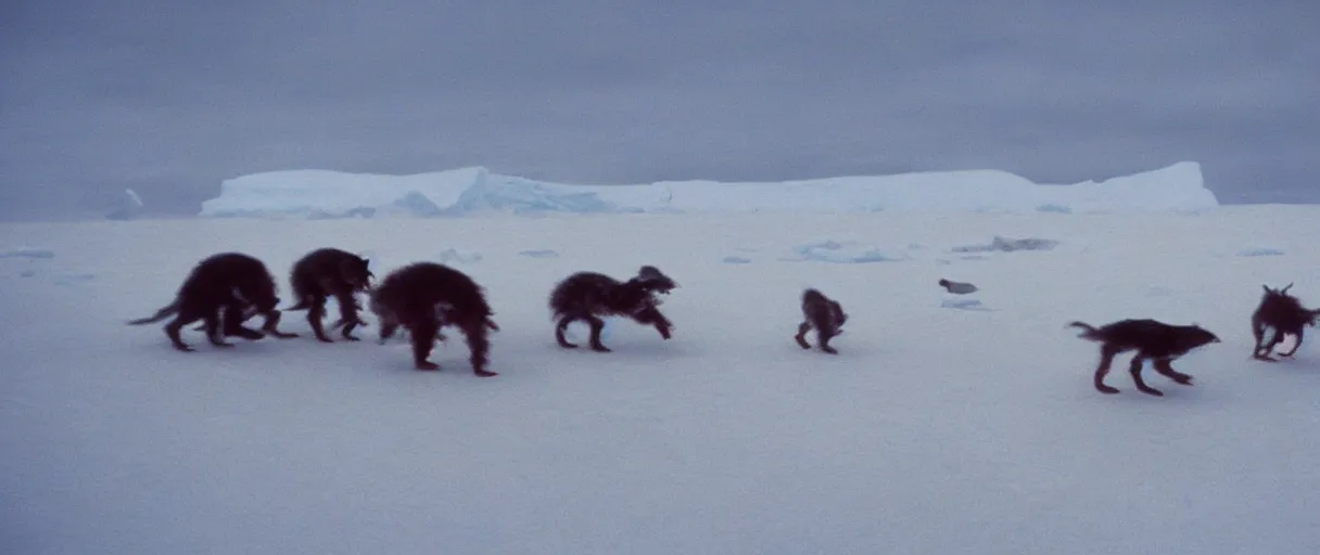 Prompt: filmic extreme wide shot movie still 4 k uhd interior 3 5 mm film color photograph of a bunch of creatures running around mcmurdo station in antartica at night