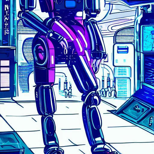 Image similar to A synthetic robot mercenary with human appearance drinking at a bar, night, cyberpunk city, purple neon, bladerunner