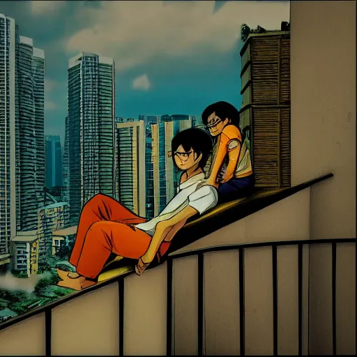 Image similar to art of two singapore students on the roof of a hdb flat, by satoshi kon