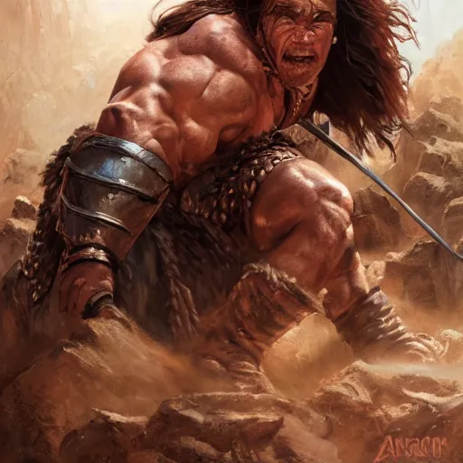 Prompt: Conan the Barbarian played by Arnold Schwarzenegger, 4k oil on linen by wlop, artgerm, andrei riabovitchev, nuri iyem, james gurney, james jean, greg rutkowski, highly detailed, soft lighting 8k resolution