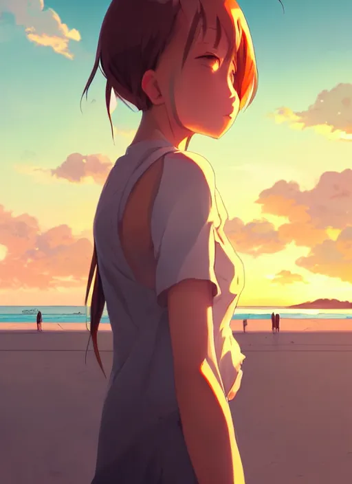 Image similar to side portrait of cute girl, sunset sky in background, beach landscape, illustration concept art anime key visual trending pixiv fanbox by wlop and greg rutkowski and makoto shinkai and studio ghibli and kyoto animation, futuristic wheelchair, symmetrical facial features, real face, future clothing, realistic anatomy, backlit