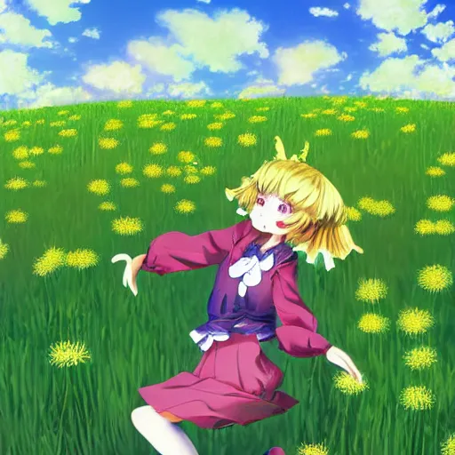 Prompt: Komeiji Koishi dancing in a field of dandelions, anime, Touhou, digital art, soft lighting