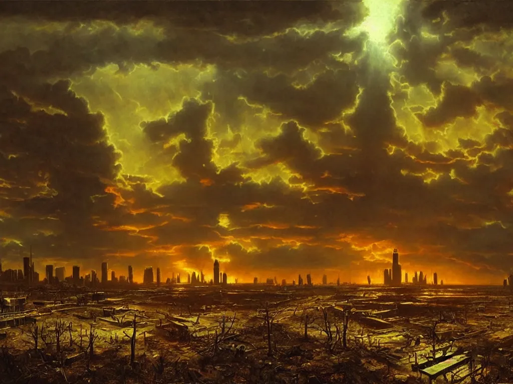 Prompt: a post apocalyptic chicago after a nuclear war, beautiful radioactive sunset lighting, beautiful painting, fallout video game, painted by albert bierstadt