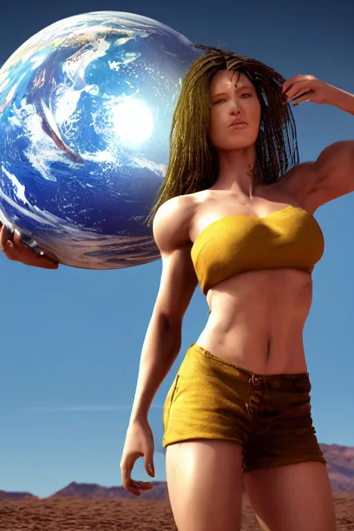 Image similar to a beautiful muscular woman wearing casual clothes carrying a giant planet Earth on her back, long hair, beautiful, hyperrealistic, concept art, octane render, unreal engine 5, trending on Artstation, high quality, 8K, soft lighting, trending on DeviantArt, highly detailed, high quality, digital art, anatomically correct, five fingers, desert in the background, path traced, complementary colors, natural lighting, epic image