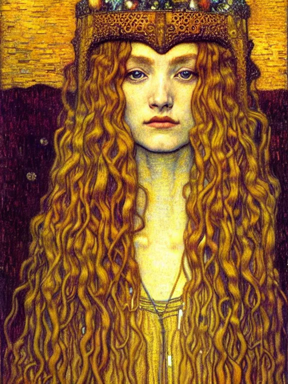 Image similar to detailed realistic beautiful young medieval queen face portrait by jean delville, gustav klimt and vincent van gogh, art nouveau, symbolist, visionary, gothic, pre - raphaelite, muted earthy colors, desaturated