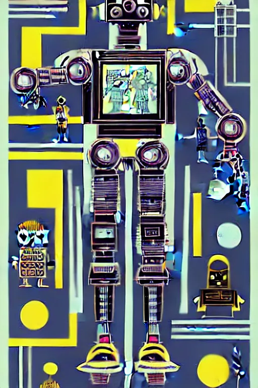 Image similar to a diagram of a robot body with various parts, cyberpunk art by eduardo paolozzi, behance contest winner, computer art, greeble, steampunk, poster art, james turrell, robert rauschenberg, andy warhol, pop art, czechoslovakia, surrealism, milton glaser, graphic design