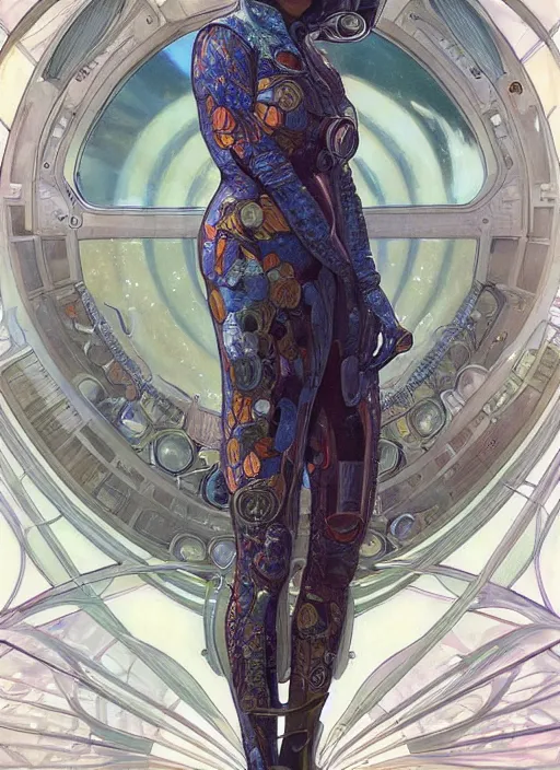 Image similar to portrait of Krys Marshall wearing a space suit, intricate, elegant, highly detailed, centered, digital painting, artstation, concept art, smooth, sharp focus, illustration, art by android jones and donato giancola and alphonse mucha