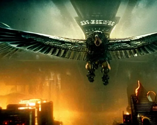 Image similar to a movie still of a gigantic egyptian god fighting a huge eagle in blade runner los angeles, by marvel movies and ilm